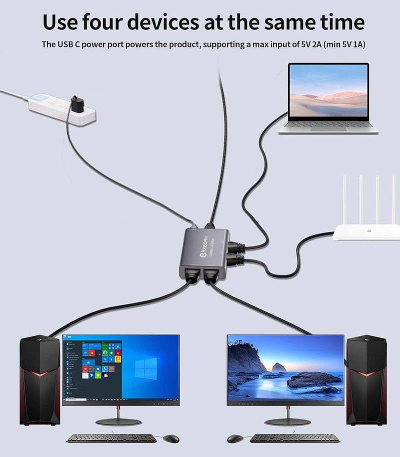 REBORN Ethernet Splitter 1 to 4 High Speed 1000Mbps, RJ45 Gigabit Ethernet Cable Splitter 1 to 4, LAN Splitter with USB Power Cable for Cat 5/6/7/8 Cable [4 Devices Simultaneous Networking] - Image 3